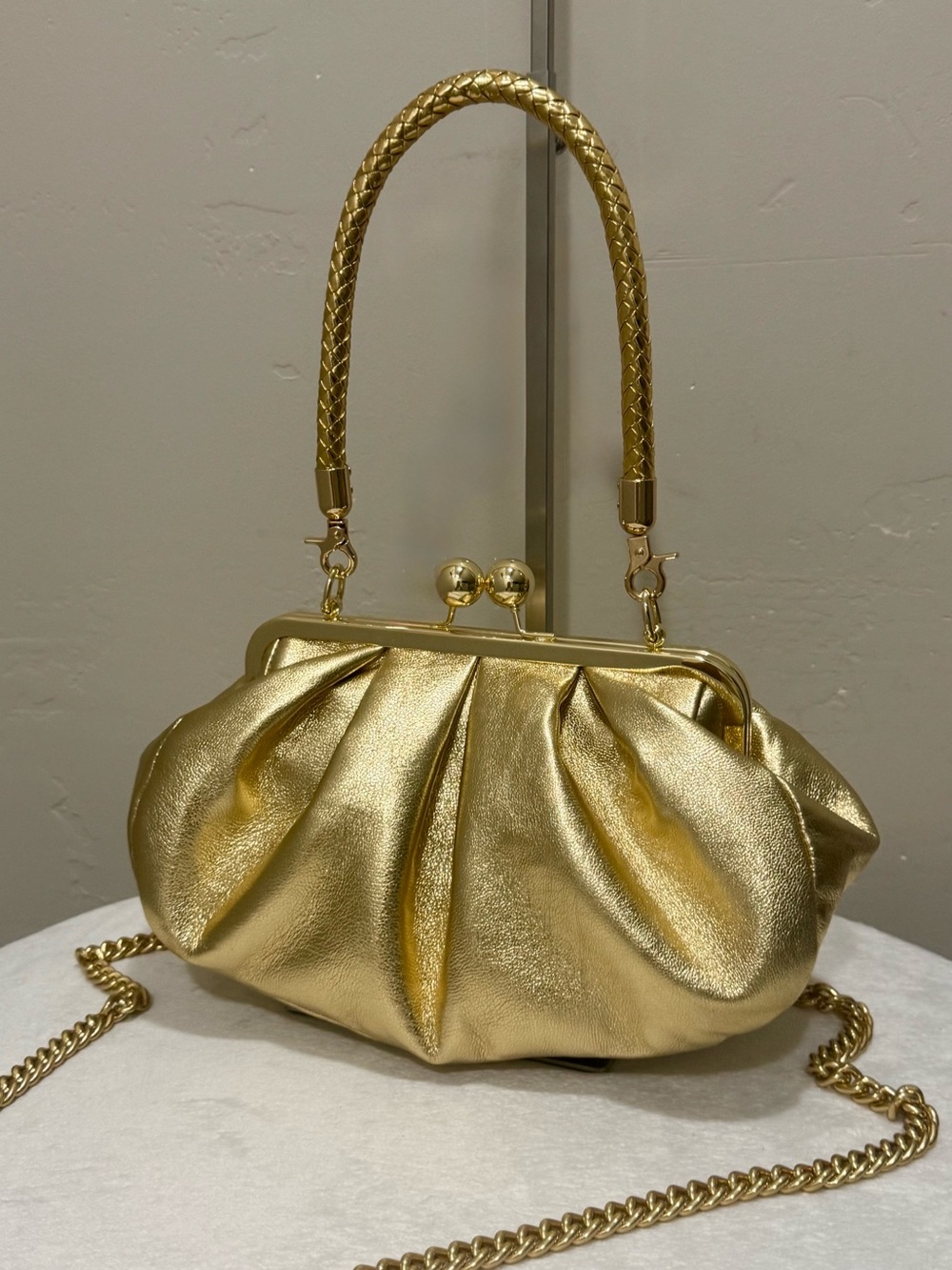 Stunning Gold Lambskin Handmade Kisslock Slouchy Bag/Clutch/Wristlet/Crossbody